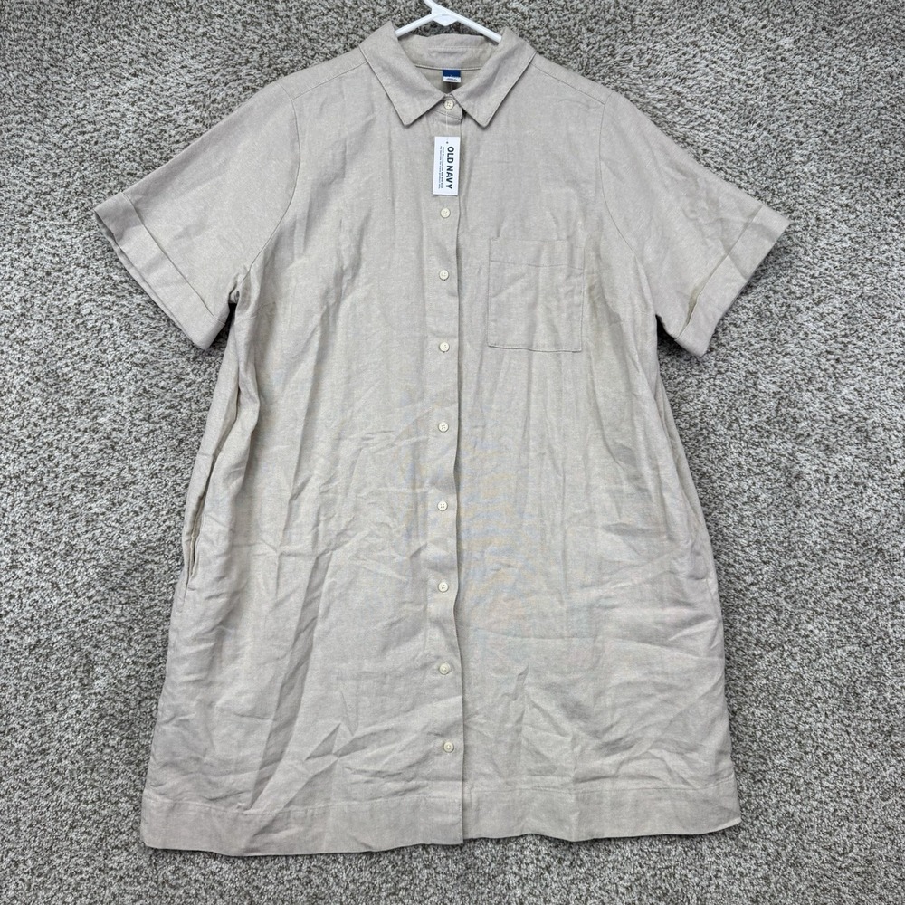 Old Navy Dress Women's Large Beige 100% Linen Mini Shirt Dress Button Up‎ NEW